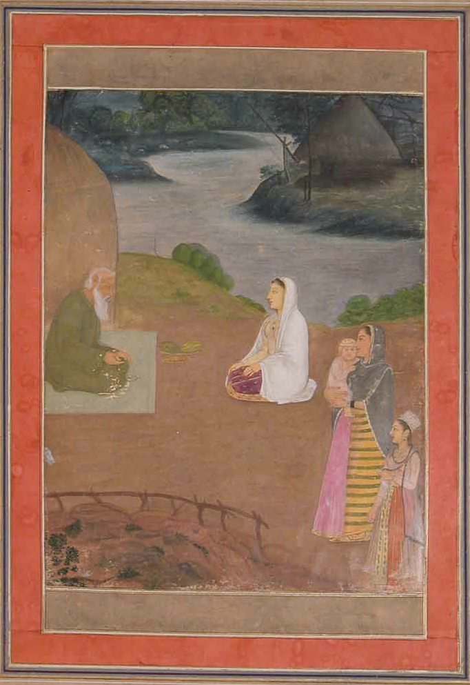 Miniature indienne époque moghole scène de femmes encre or papier